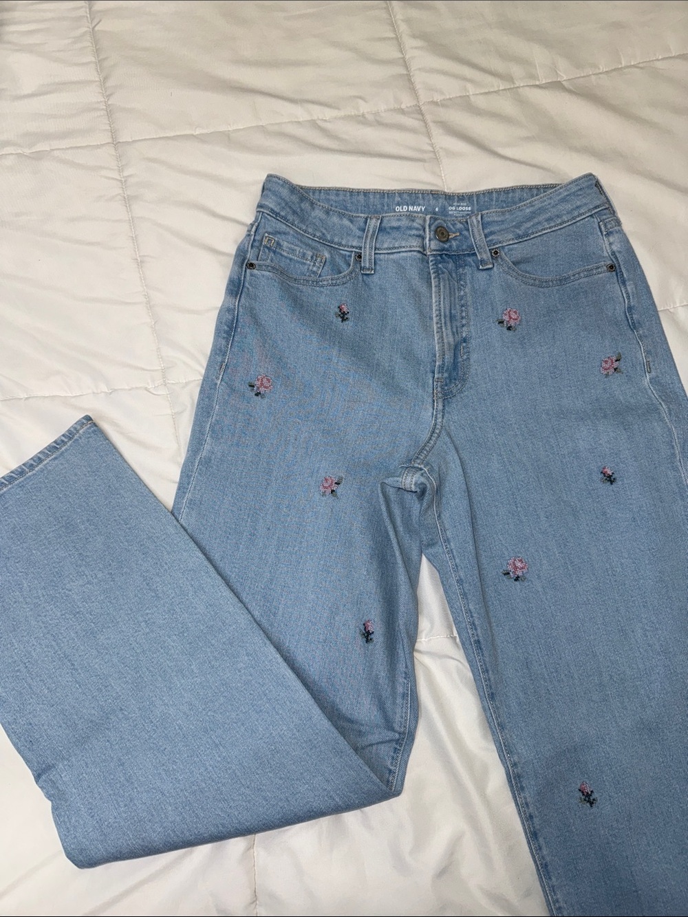 Old Navy Light Blue Straight-Leg Jeans with Pink Floral Embroidery